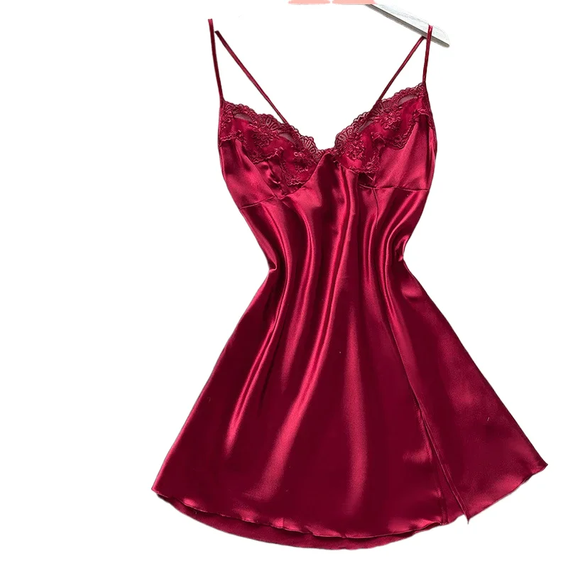 Fashion Solid Color Lace Collar Nightgown for Women Luxury Summer Sexy Suspenders Skirt Silk-like Thin Dress Home Wear Sleepwear