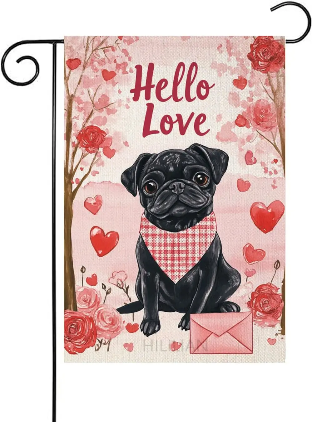 Banderola de Jardín con Diseño de Perro Pug Negro y Corazón Pequeño con Rosas para el Día de San Valentín, Decoración de Jardín para Aniversario, Decoración Exterior de Temporada W XXE PPM
