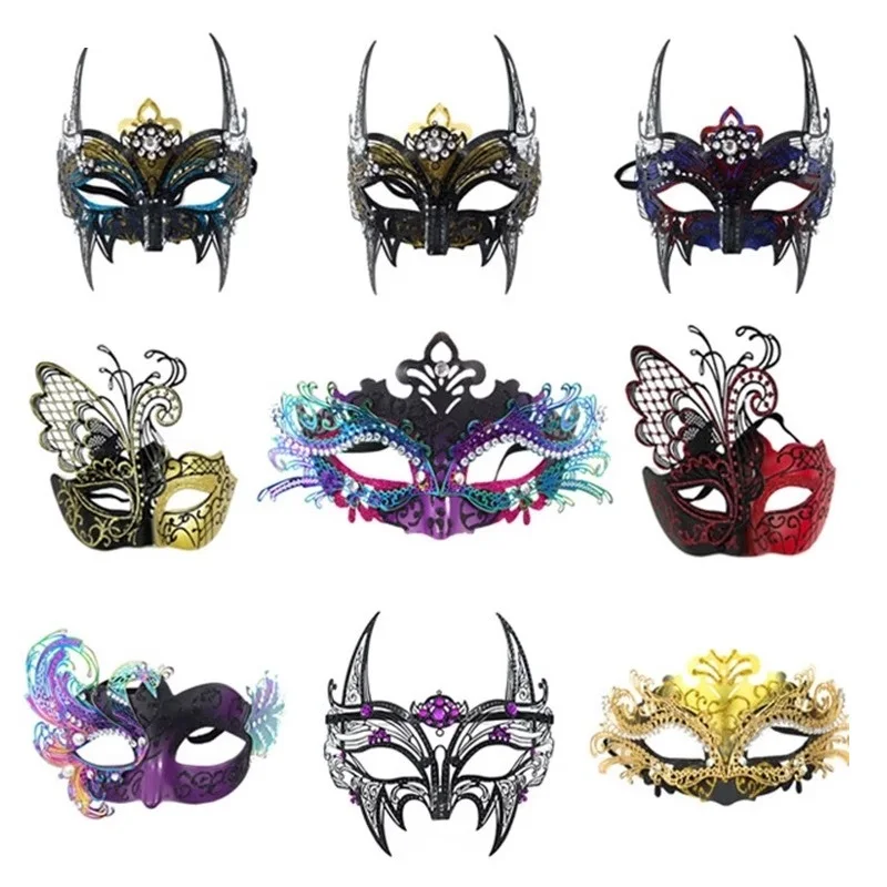 Iron Art Painted Makeup Ball Mask, Half Face Eye Mask, Metal Diamond Halloween Performance Party Mask