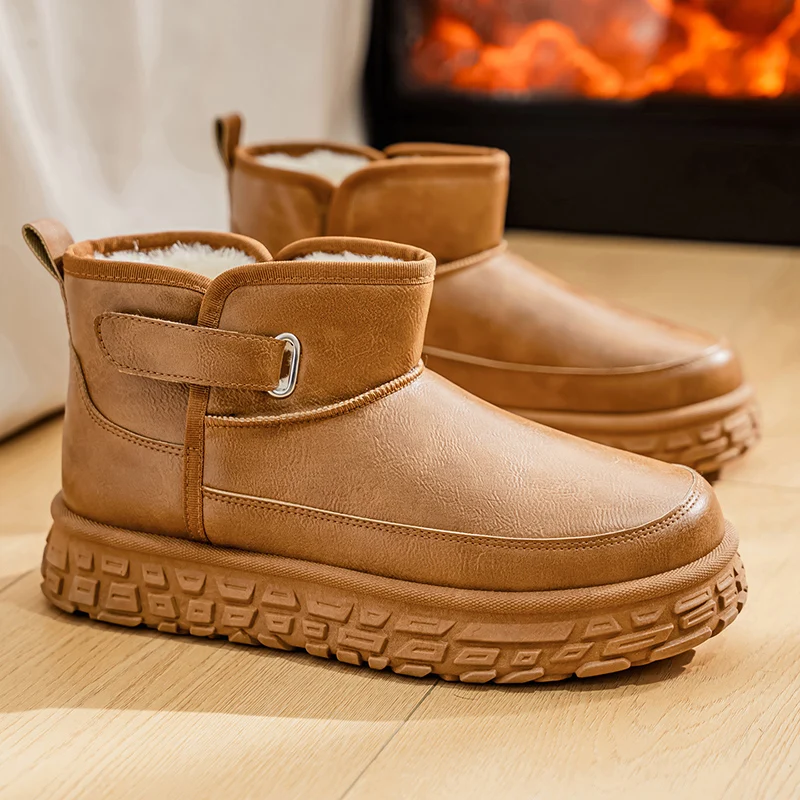 

High-top Warm Cotton Shoes Fashionable Snow Boots for Men in Solid Colors Flat Heels Split-on Anti-slip Large-sized in Winter