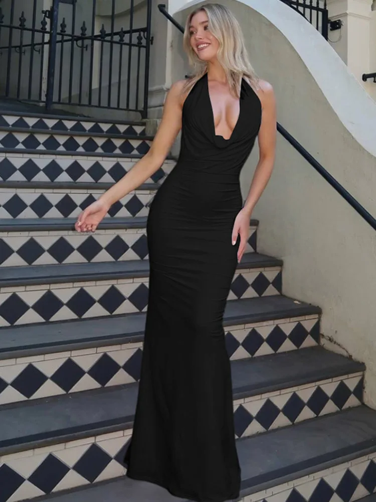 Blifanbo vestido maxi sexy com decote em V profundo e renda para mulheres, elegante, ombro de fora, sem mangas, moda sem costas, vestido de festa para clube