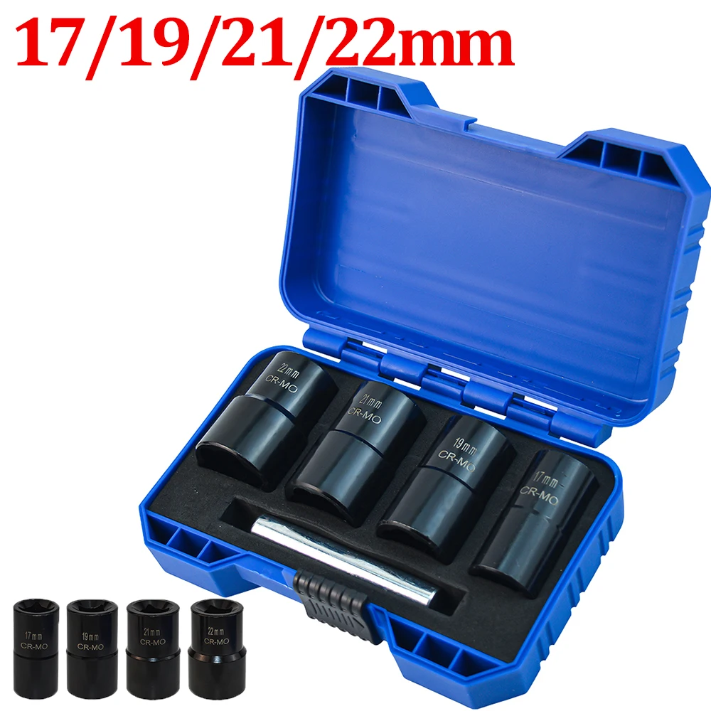 5Pcs Screw Extractor Kit Damaged Screw Remover Broken Bolt Nut Removal Tool with Bar 17/19/21/22mm Screws Extractor Socket