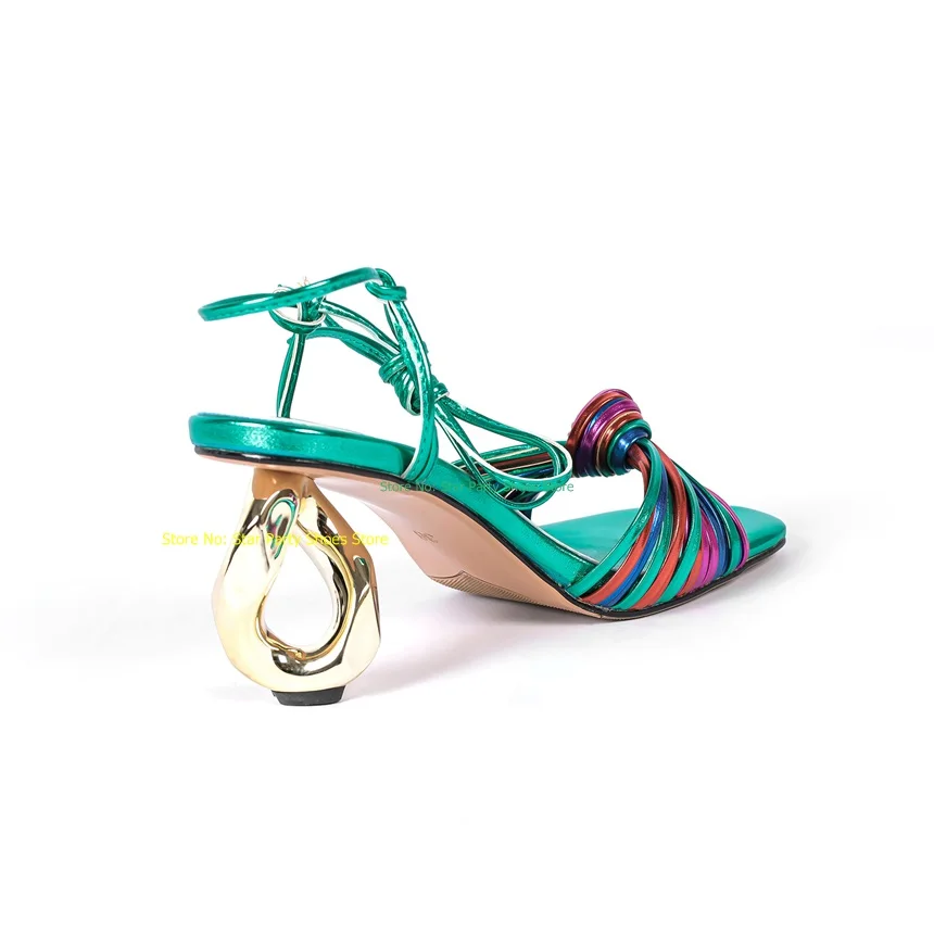 Attractive Gold Strange High Heel Sandals Square Toe Colorful Belt Female Buckle Sandal Shoes