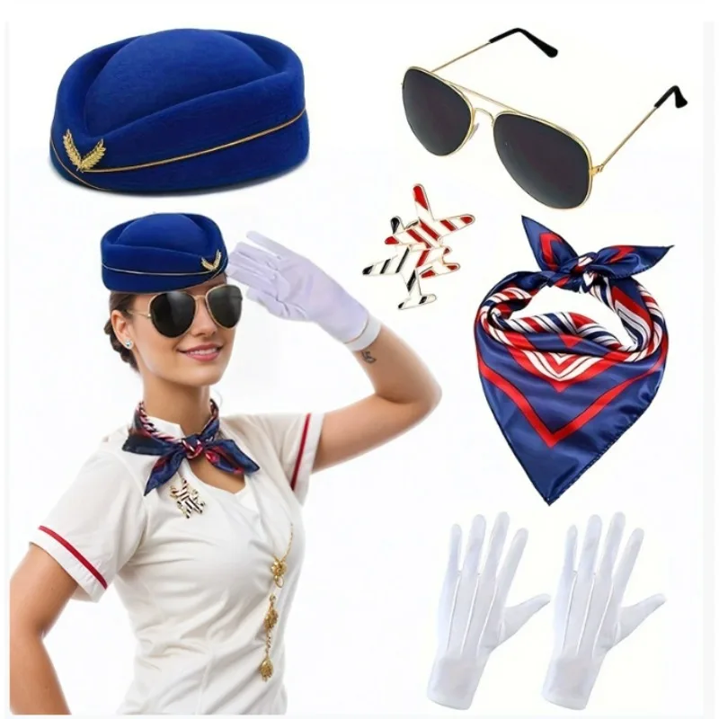 

5PCS Halloween Women Flight Attendant Costume Accessories Stewardess Outfits Bellhop Hat Scarf Sunglasses Gloves
