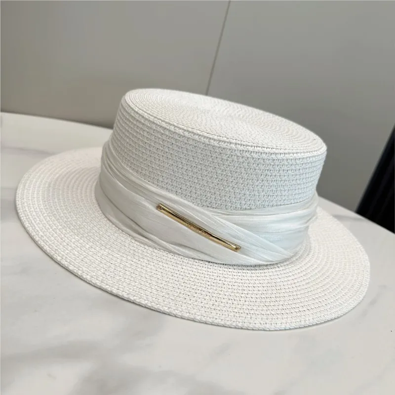 

A flat-topped hat for ladies an elegant summer outing vacation