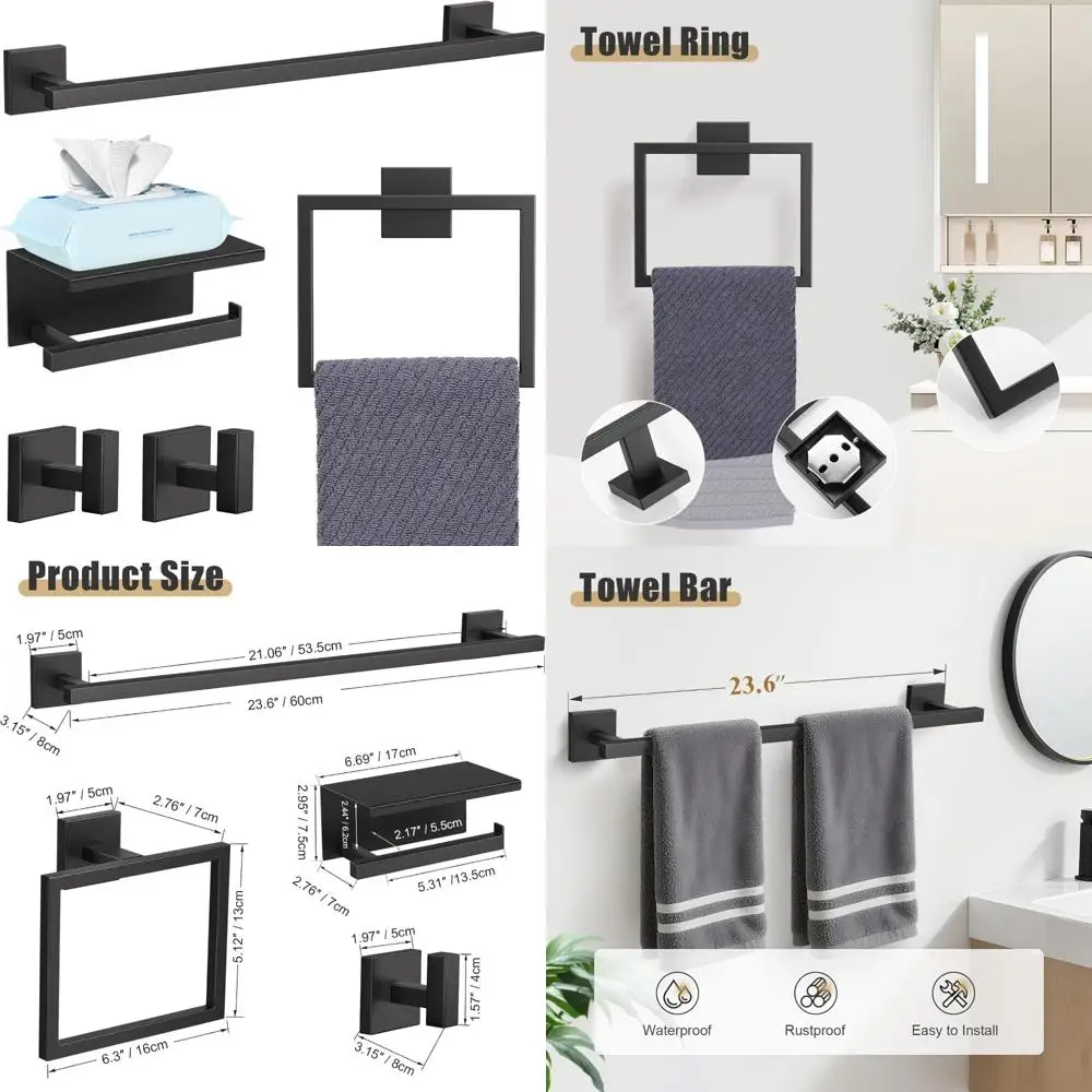 

5-Piece Matte Black Bathroom Hardware Set - 23.6 Towel Bar, Upgraded Toilet Paper Holder with Shelf, Modern Bathroom Accessories