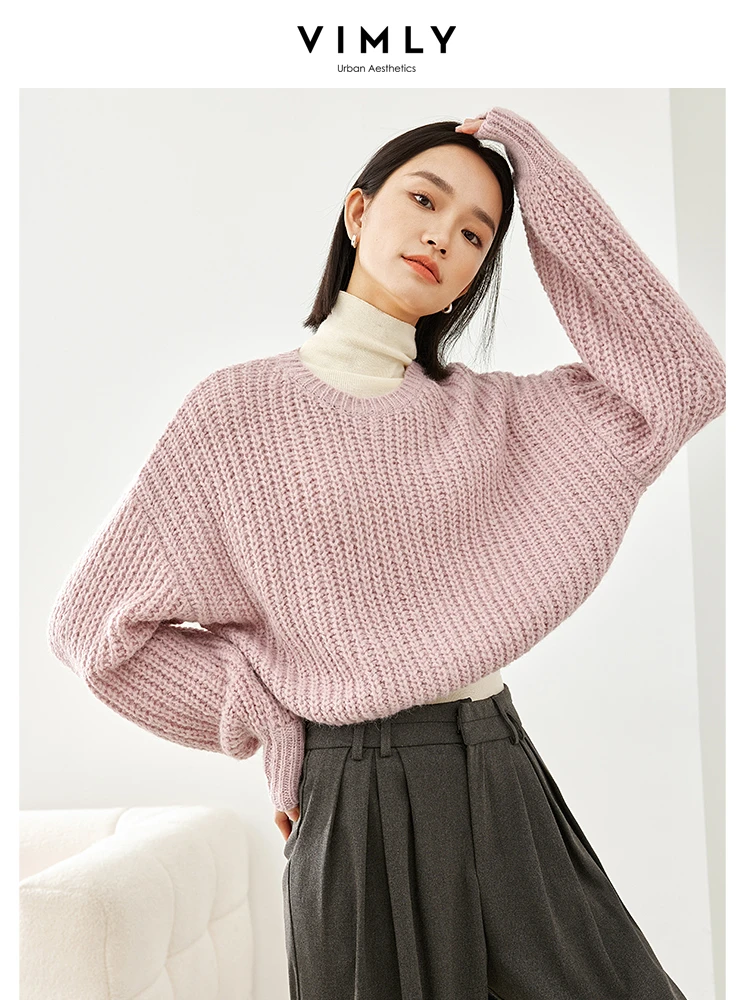 Vimly Wool Blend Apricot Crop Sweater Casual Loose O-neck Long Sleeve Top for Woman 2024 Spring Hollow Out Pullover Women 72739