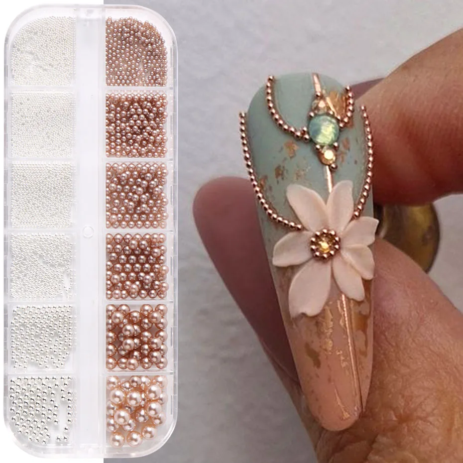 Rose Gold Pearls Nail Art Decoration Half/Round Pearls Nail Charms Steel Beads Autumn Winter Design Japanese Manicure Parts DIY
