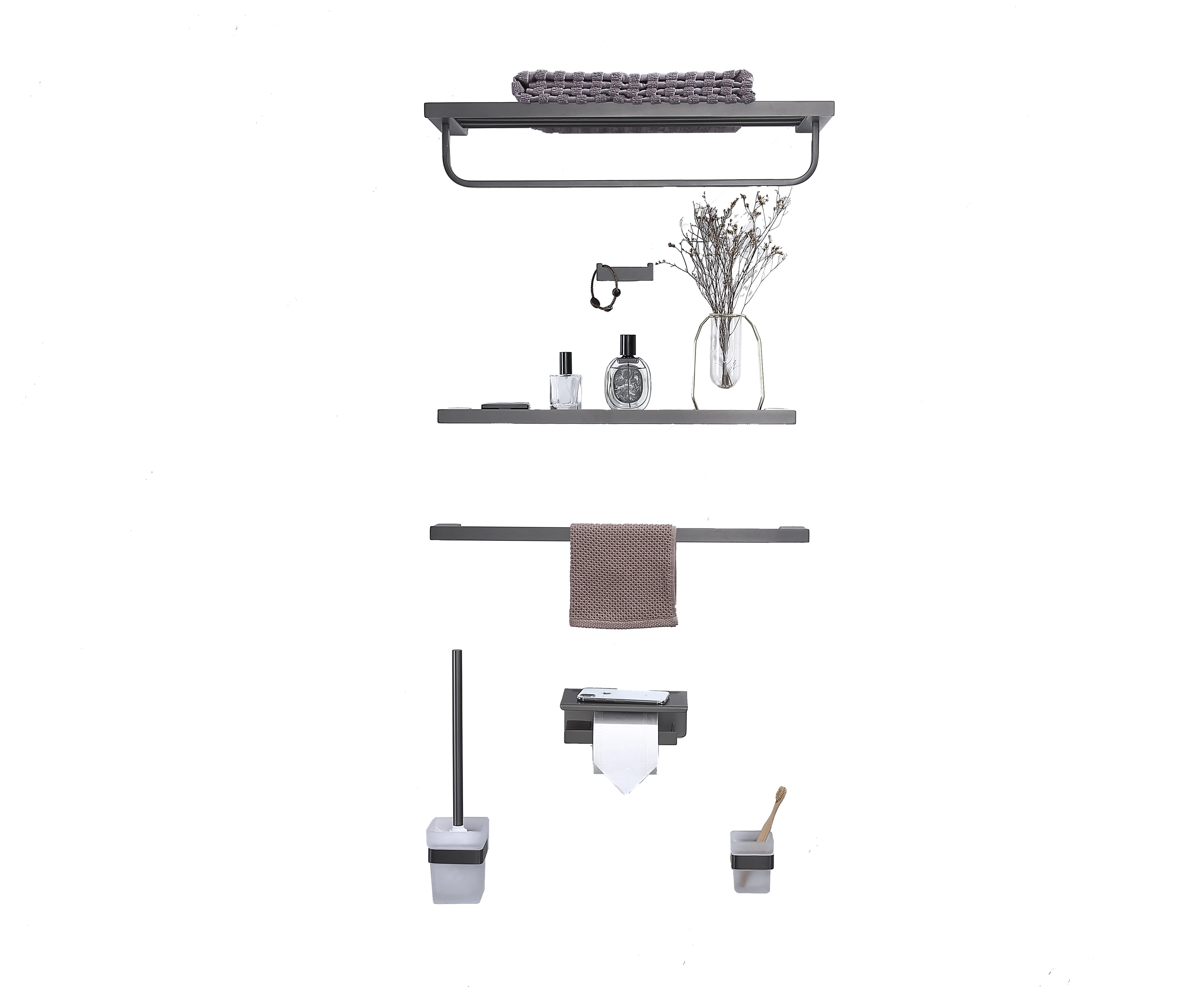 

6 Pieces Bathroom Wall Mount Brass Bathroom Accessories Set Gold Bathroom Using Wall Mounted Gun Metal Matte Modern