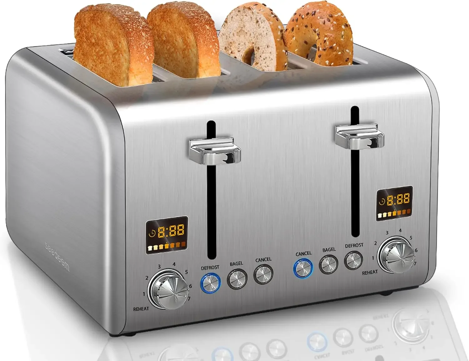 4 Slice Toaster Stainless Bread Toaster Color LCD Display 7 Bread Shade Settings 1.5'' Wide Slots Toaster with Bagel/Defrost