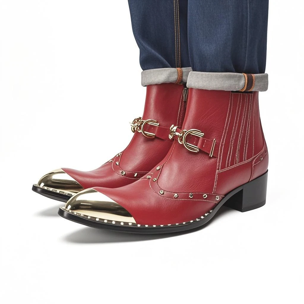Designer Metall Karree Cowboy Motorrad Kurze Stiefel Männlich Große Größe Nieten Echtes Leder Stiefeletten Business Formale Schuhe – Detail 20