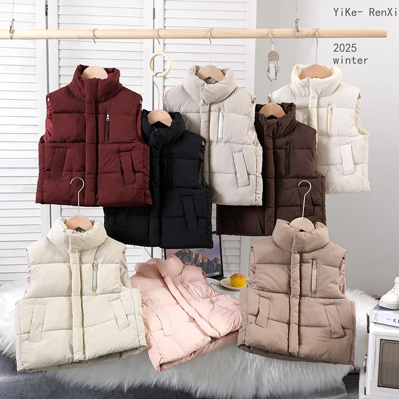

Winter Children Boys Down Vest Solid Colorful Pockets Kids Boys Warm Waistcoat Cotton-padded Zip Stand-Up Collar Outerwear Coats