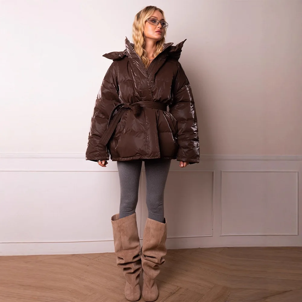 Warm Glossy Hooded Lace-up Cotton Coats 2026 Winter New Female Casual Zipper Bottons Belted Overcoat Women's Solid Streetwear