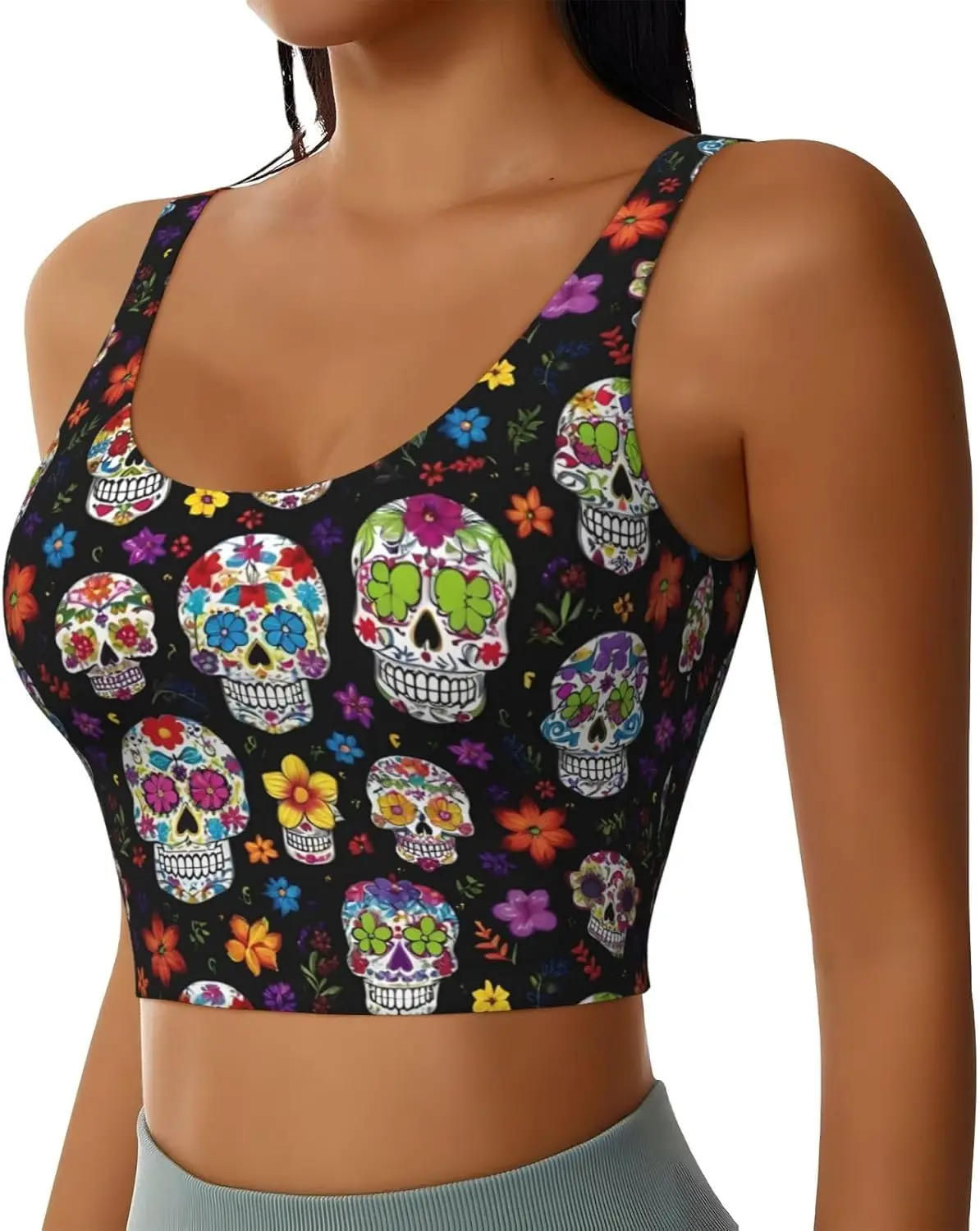 Rompi Olahraga Cetak Tengkorak Bunga Berwarna-warni untuk Wanita, Lembut dan Bernapas, Cocok untuk Kebugaran, dan Pakaian Santai