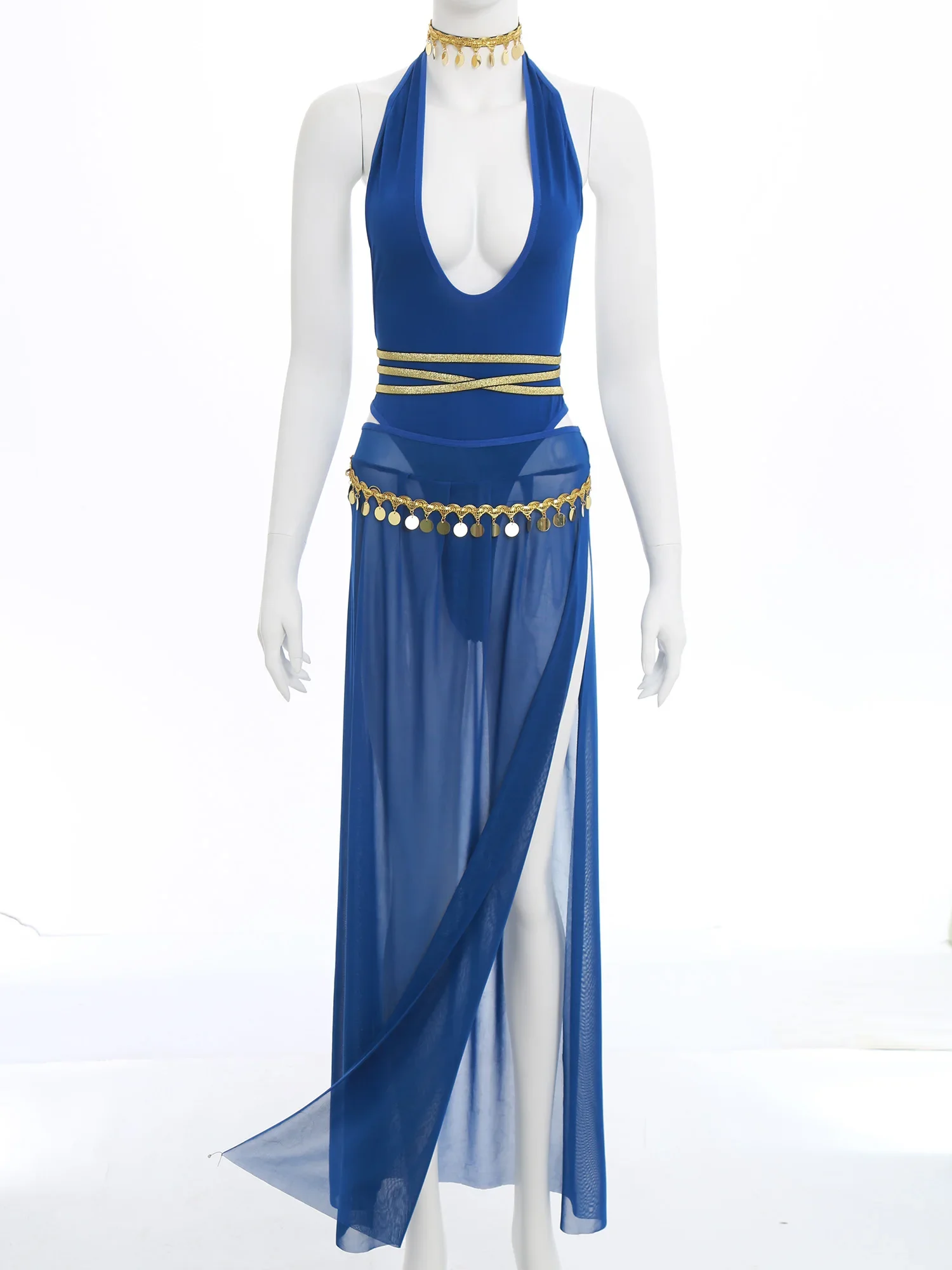 ชุดคอสเพลย์ฮาโลวีนสไตล์เต้นรำอินเดียสำหรับผู้หญิง ชุดเซ็กซี่ บอดี้สูทและกระโปรงผ้าตาข่ายผ่าข้างพร้อมคอเสื้อ