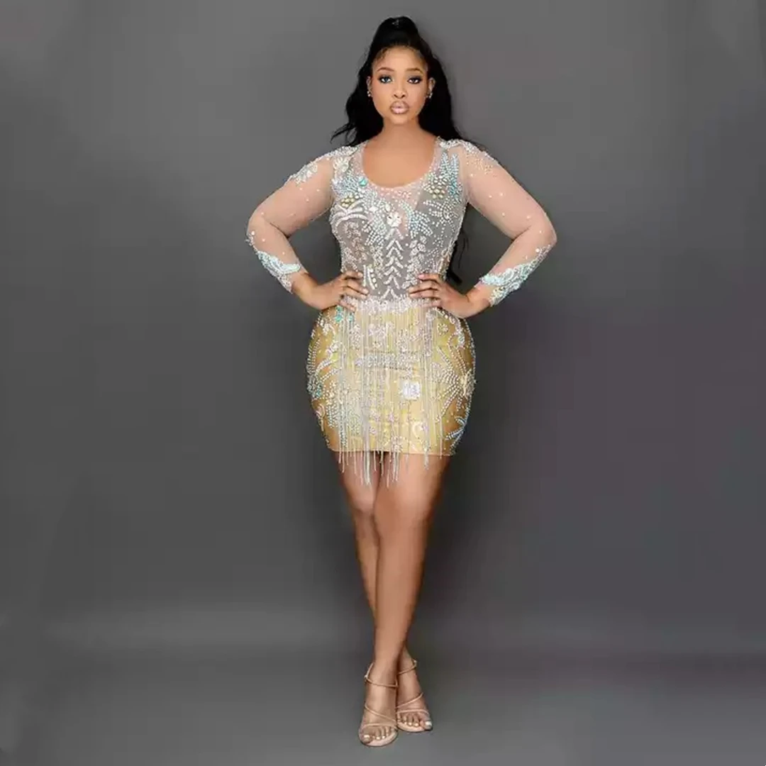 Fashion Diamond Sequin Tassel Women Short Skirt Sexy Lady Rhinestone Birthday Party Ball Evening Dress Stage Performance Costume