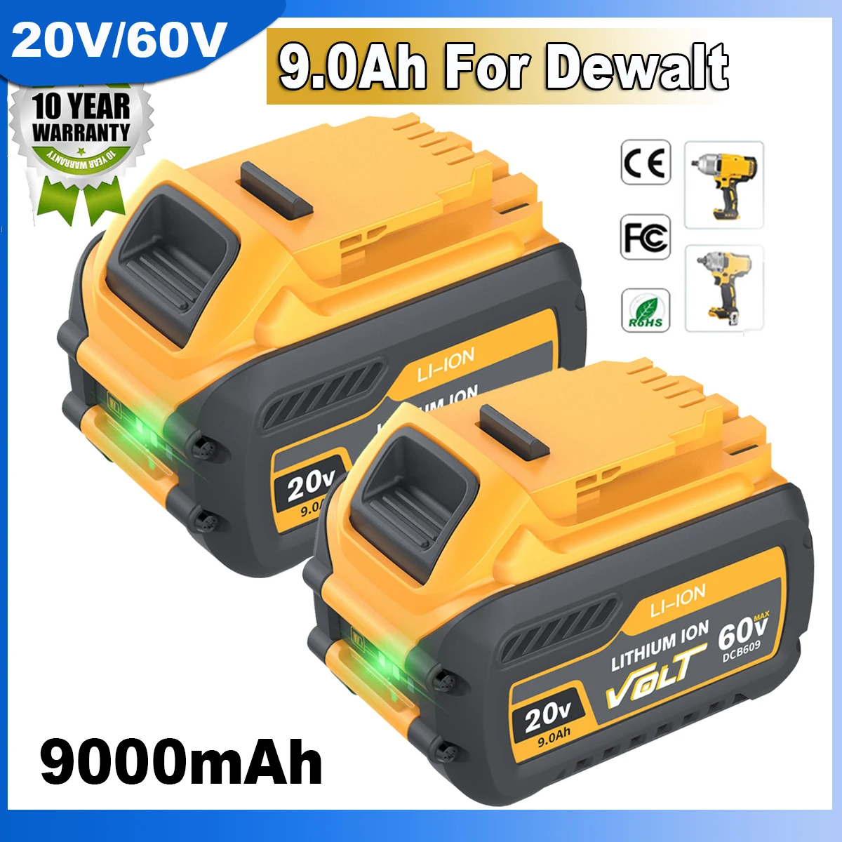 

Литий-ионный аккумулятор для DeWalt, 20 в/60 в, 9000 мАч