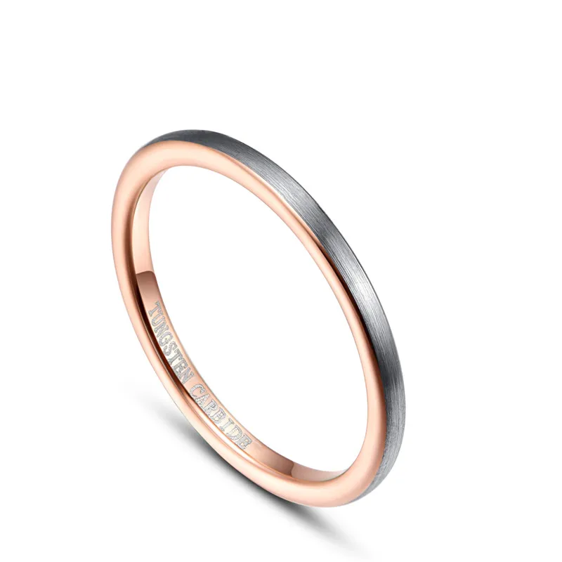 BONLAVIE 2mm Tungsten Carbide Ring Surface Brushed Inner Circle Rose Gold Steel Ring Thin Women's Anniversary Wedding Bang Rings