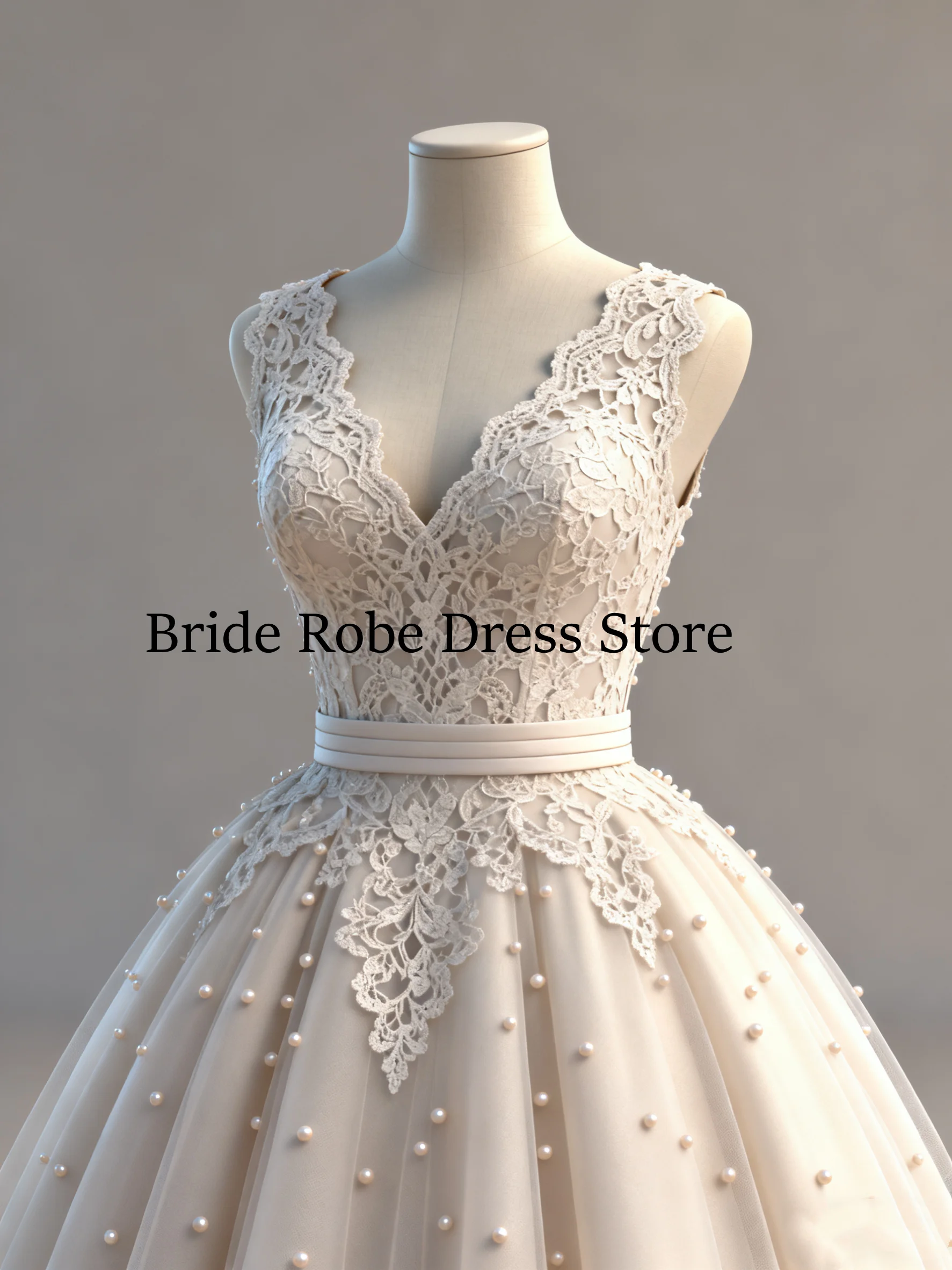 Customized 2026 latest cute princess dress wedding dress V-neck lace decal pearl decoration A swing sleeveless vestido de Novia