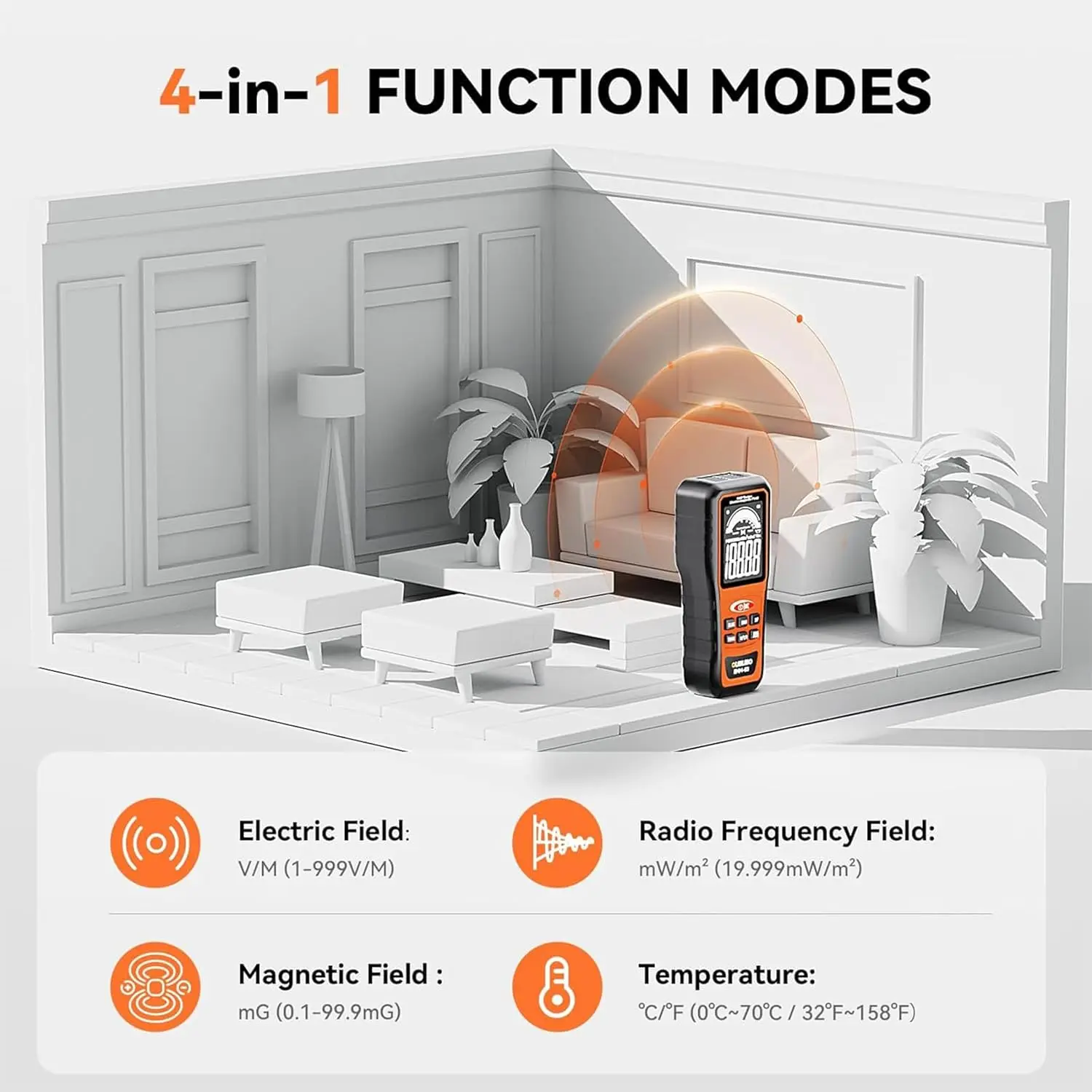 4 in 1  Emf Detector: Electric Field, Radio Frequency Field, Temperature,Magnetic Field Strength Meter, Rechargeable Radiation D