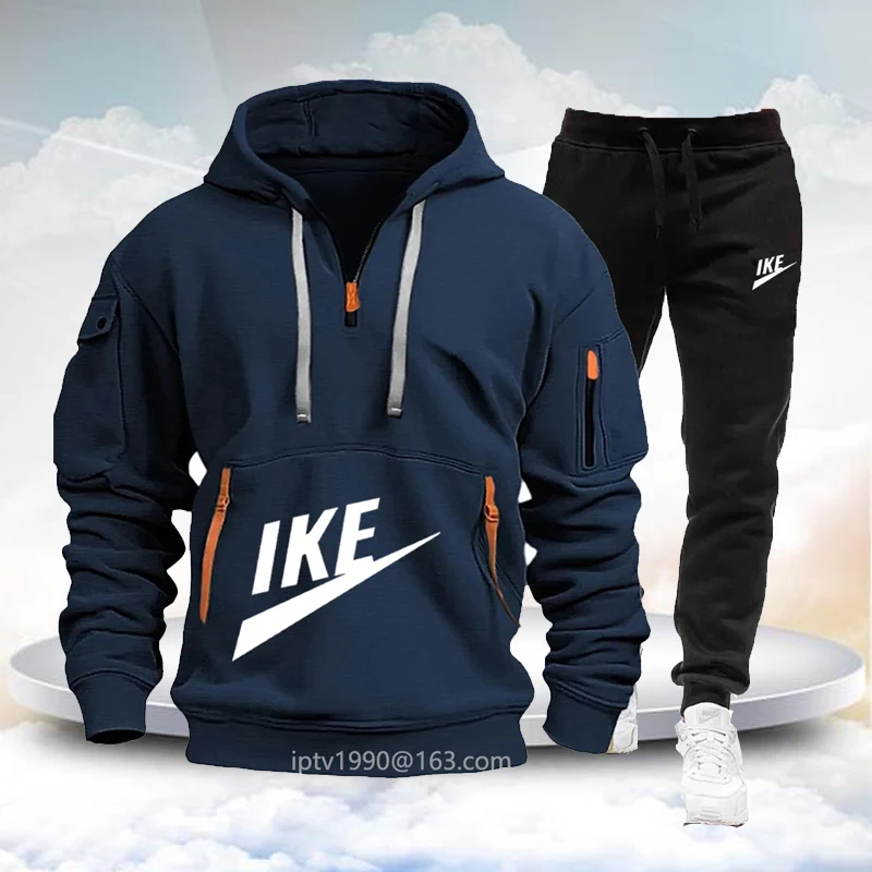 2025 Men's new autumn and winter fitness jogging suit multi-zipper long-sleeved hooded jumper + 2 sets of casual pants