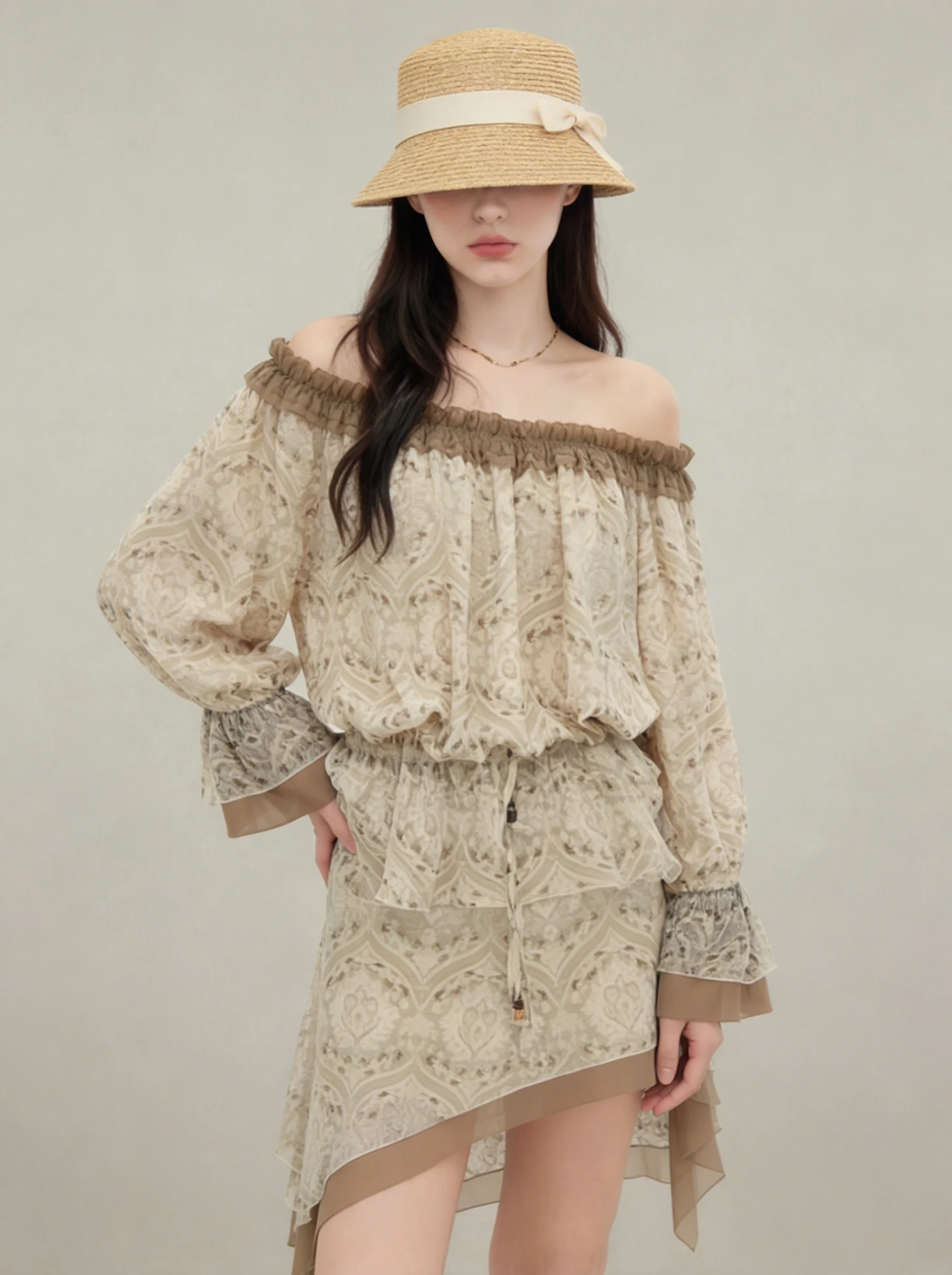 

Retro Floral Print One-Shoulder Chiffon Top And Skirt Set Women's Fashion Casual Spring Outfit High Waist Loose Fit