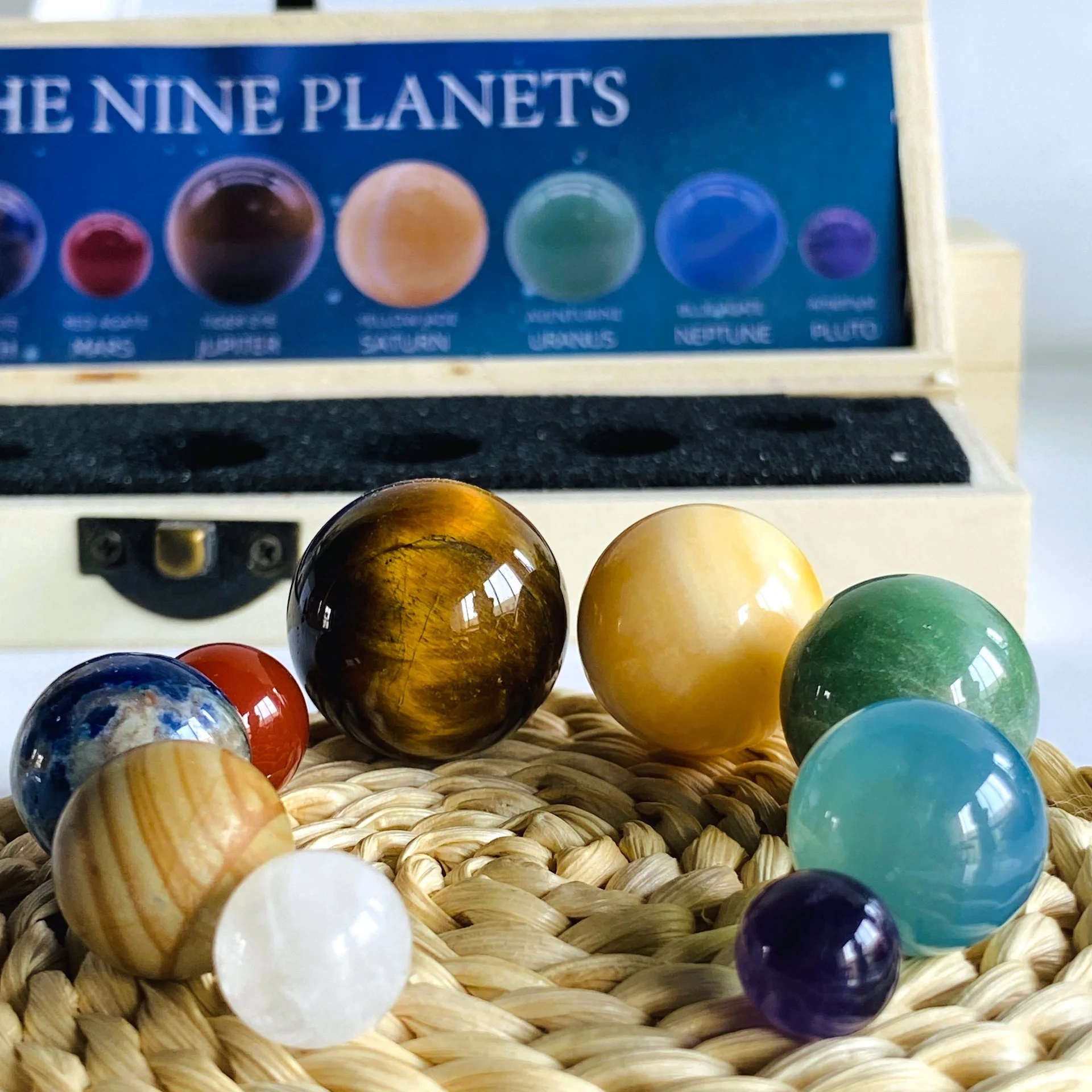 9pcs Crystal Spheres Set Solar System Nine Planets Theme Crystal Collection Wooden Box Creative Gift Box Mineral Party Souvenir