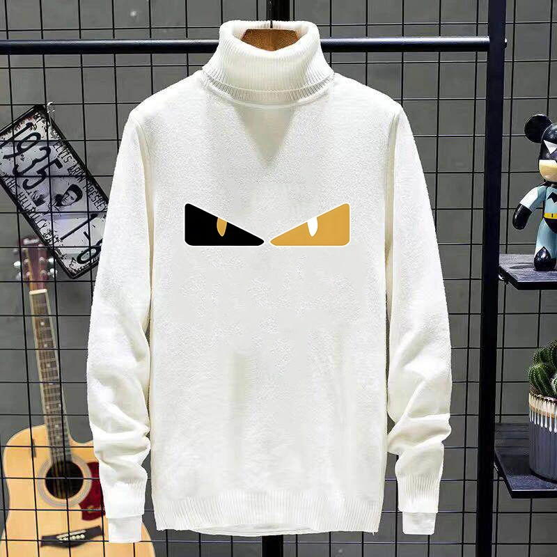 

Trendy Fce Lined Thiened Men's Knitted Sweater Slim Fit Warm White Top for Autumn Winter Youth Students Casual Sle