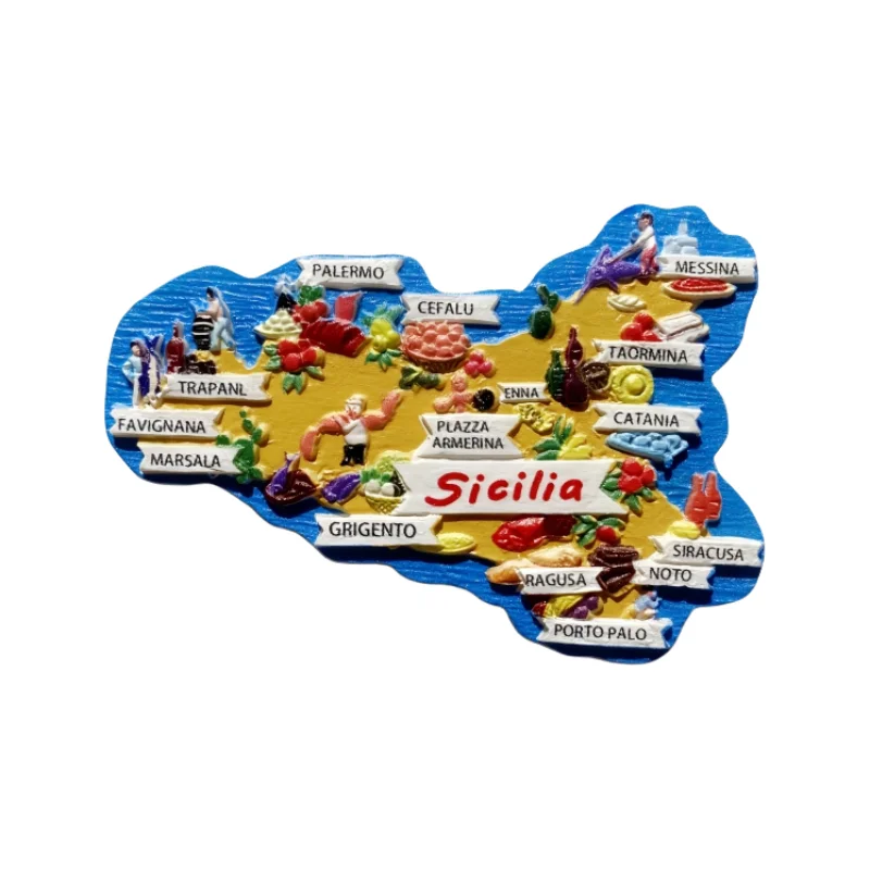 إيطاليا، صقلية، جغرافيا الخريطة، زخرفة الشعار، الحرف اليدوية، ملصقات الثلاجة المغناطيسية، تذكار السياحة #5