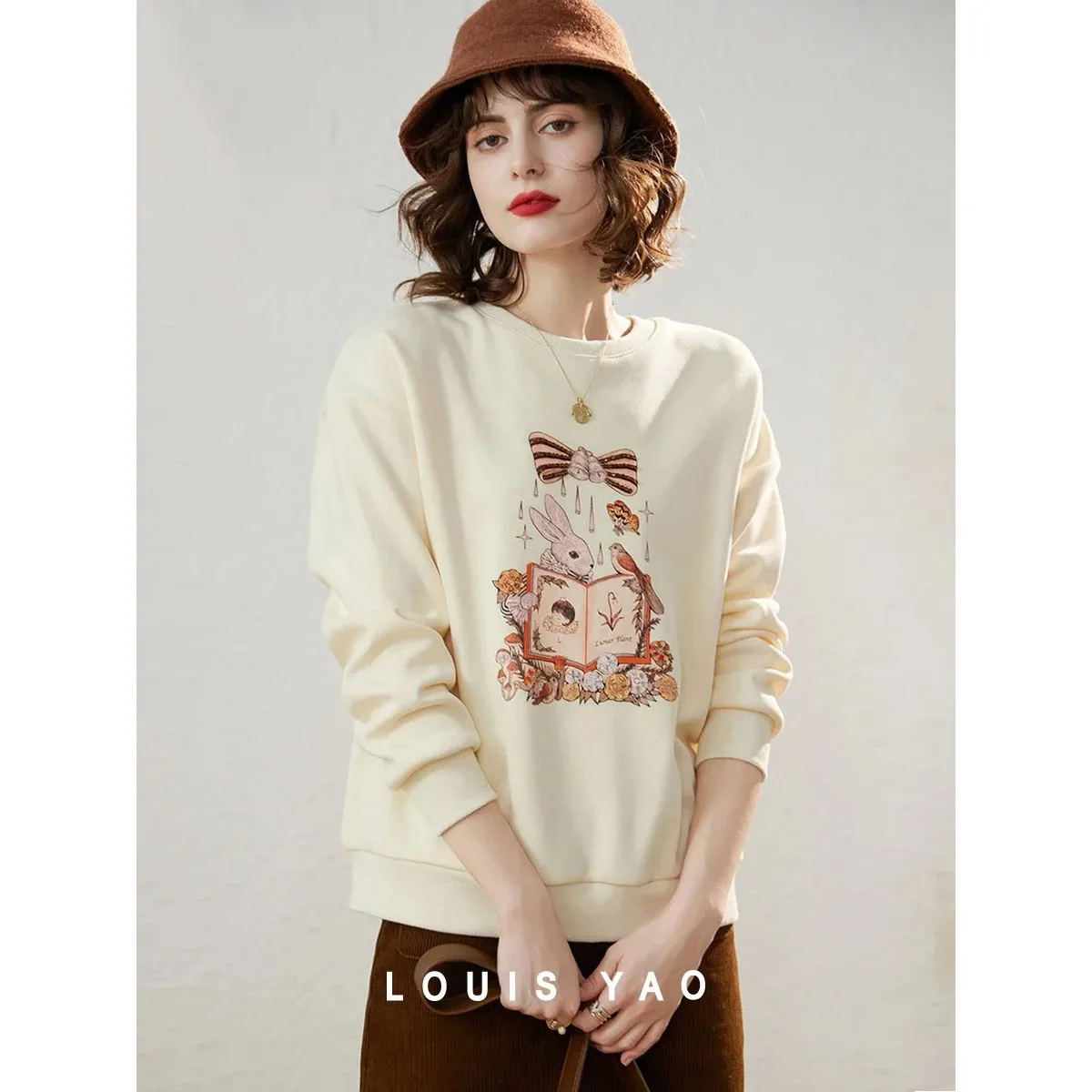 

LOUIS YAO Fashionable Sweet Velvet Loose Women's Hooded 2025 Winter Thick Warm Hooded Micro Elastic Printed Beaded Top Chic Wear