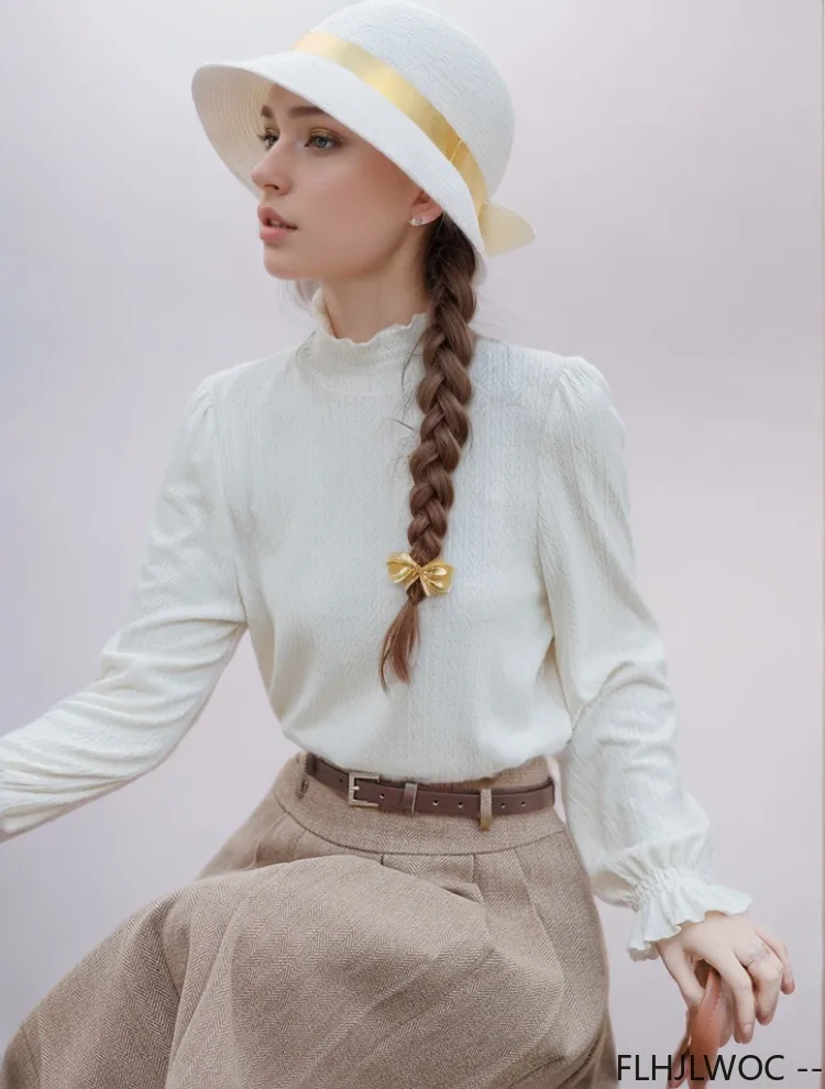 Lange Flare Mouw Halve Coltrui Tops Blouses Nieuw Ontwerp Vrouwen Schattige Ruches Japan Meisjes Stijl Effen Katoen Basics Shirts