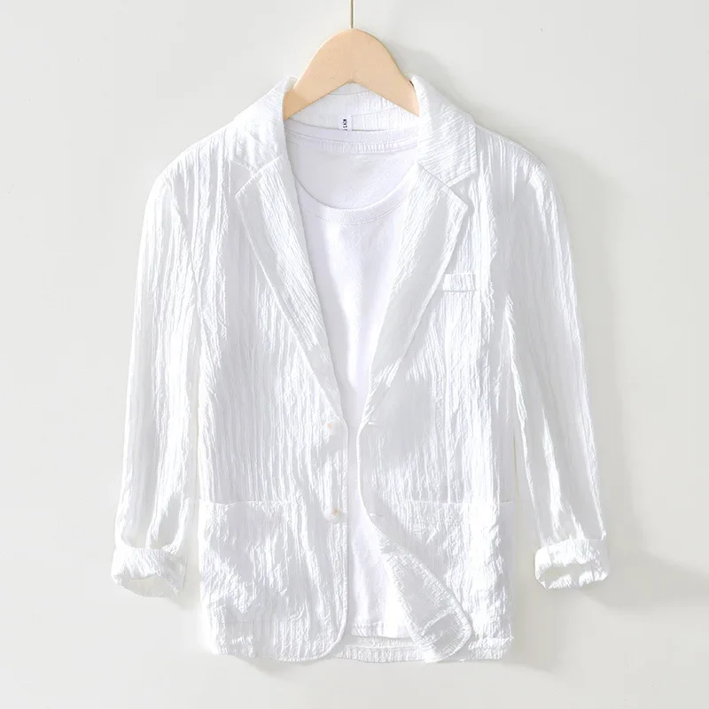 

Korean Fashion Men White Blazers Slim Fit Daily Casual Blazer Single Breasted Pleated Stripes Suit Jacket New Mens Summer Jacket