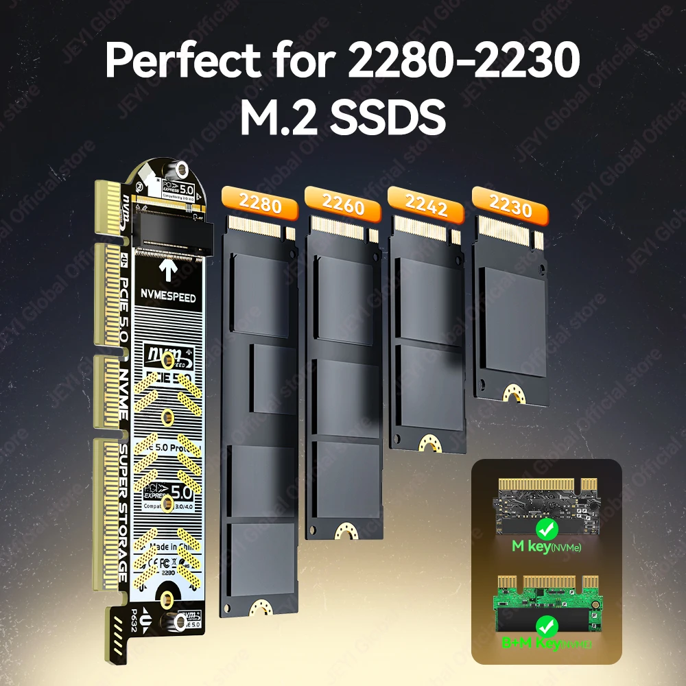 Adapter JEYI M.2 NVME na PCIe 5.0 4.0 z aluminiowym radiatorem SSD, karta rozszerzeń NVMe 128Gbps Gen4 PCIE X4 X8 X16 do komputerów stacjonarnych — zdjęcie 6