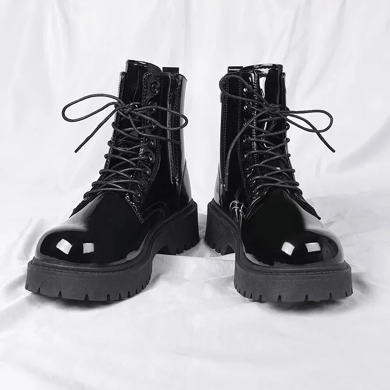 Boots for Men High Quality Patent Leather Ankle Boots Fashion Outdoor Casual Short Boots Lace Up Mens High Top Boot Botas Hombre