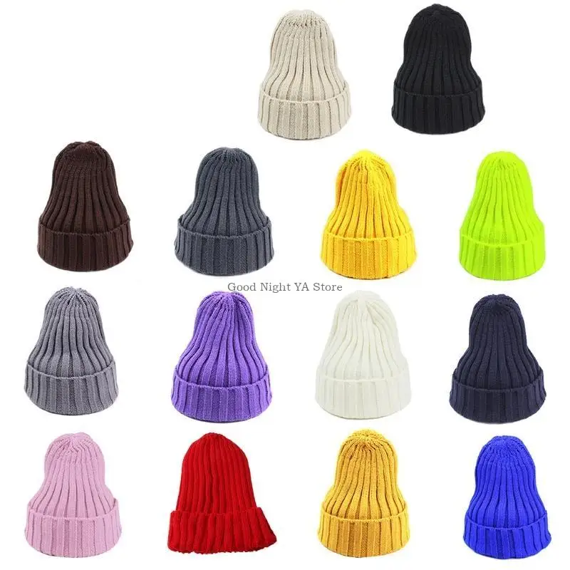 Unisex Winter Ribbed Knit Pointed Beanie Hat Solid Color Cuffed Skull Cap