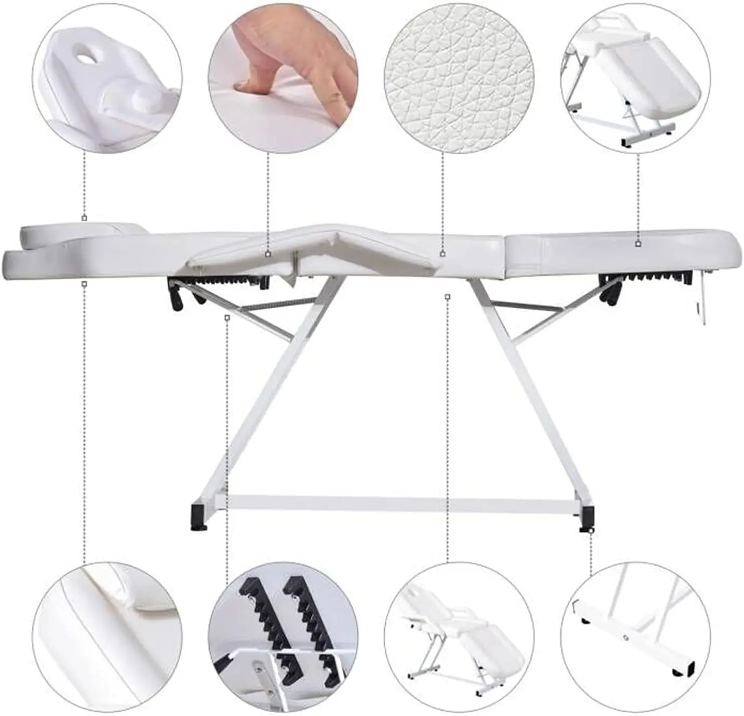 Professional Massage Bed 3-Section Folding, Adjustable Tattoo Table for Client, 73inch Facial Chair for Esthetician, White