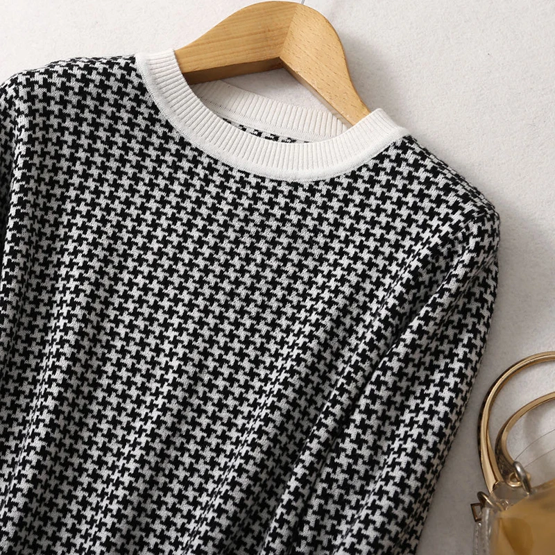 Women 63.9% Silk 10.2% Cashmere Houndstooth O Neck everyday Long Sleeve Pullover Sweater Top Shirt  LY029