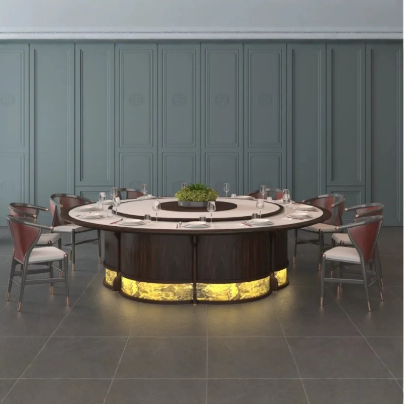 

Hotel Electric Dining Table Large Round Table New Chinese Hotel Solid Wood 20 People Club Room Slate Round Table Turntable 18 Pe