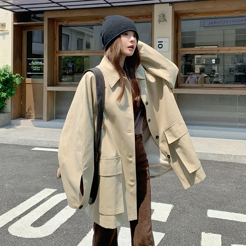 

SuperAen Khaki Large Pocket Loose Simple Trench Coat for Women Spring and Autumn 2025 New Korean-style Oversize Coats