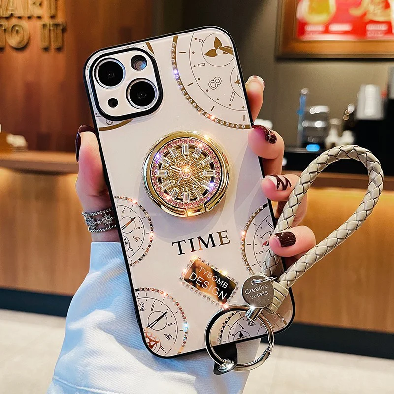 

Luxury Diamond Glitter Ring Bracket Lanyard Phone Case For iPhone 15 14 13 12 11 Pro X XR XS MAX 7 8 Plus SE2022 Clock Cover