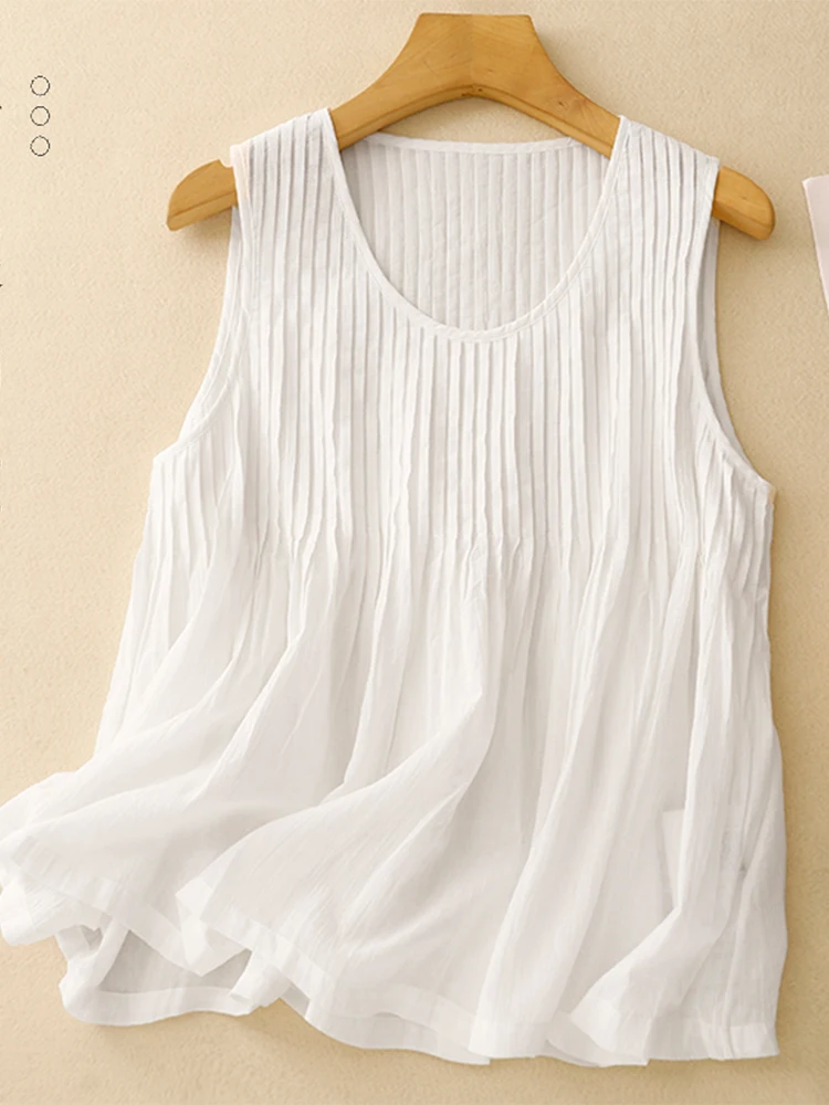White Cotton Linen Crop Top Women Summer Forest System Artistic Loose round Neck Accordion Pleat Sleeveless Linen Top
