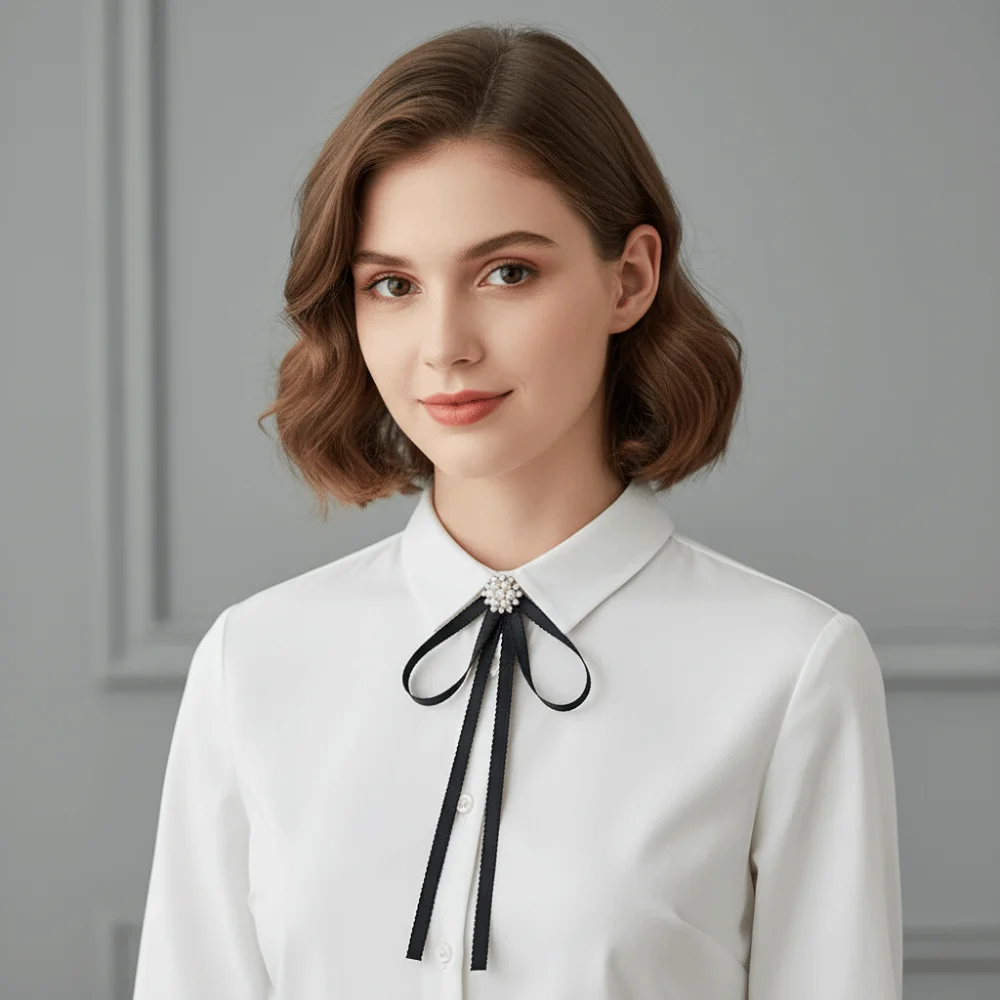 Elegant Solid Color Black Ribbon Pin Pearl Multi-layer Black Bow Necktie Lolita Rhinestones Ribbon Badge Brooch Men