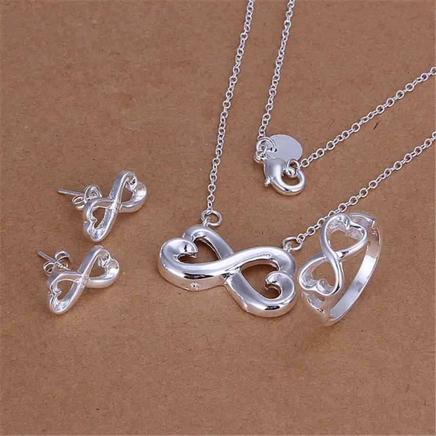 

Hot 925 sterling Silver Jewelry set for women 8-shaped heart pendant Bracelets necklaces stud earrings Fashion Party charms gift