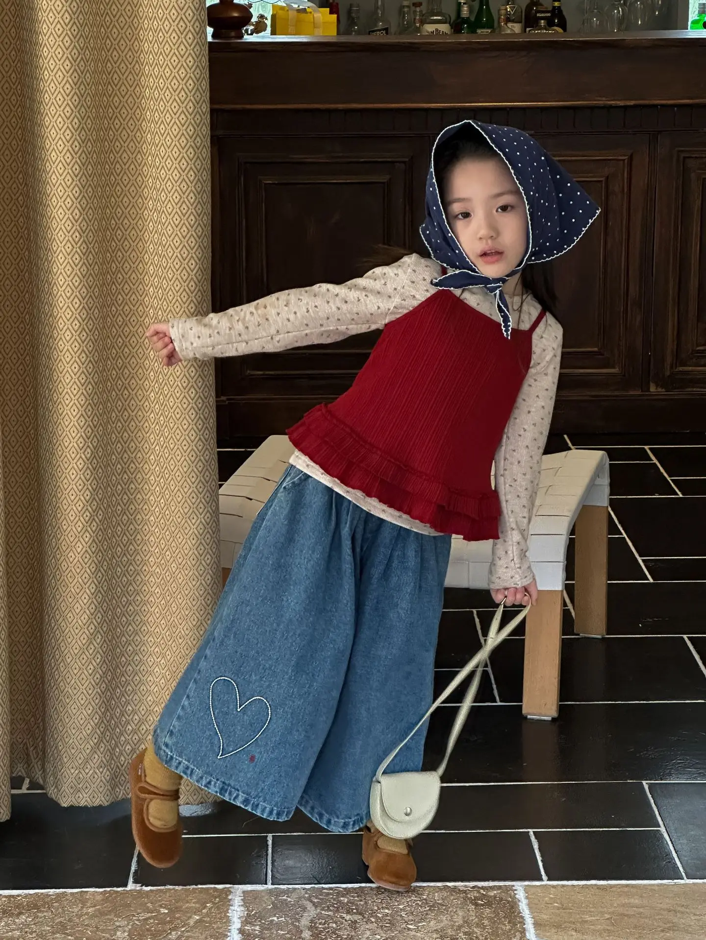 خريف 2025 طقم علوي كوري كاجوال بأكمام طويلة مكون من قطعتين بنطال ذو قصة أرجل واسعة طقم بناتي #6