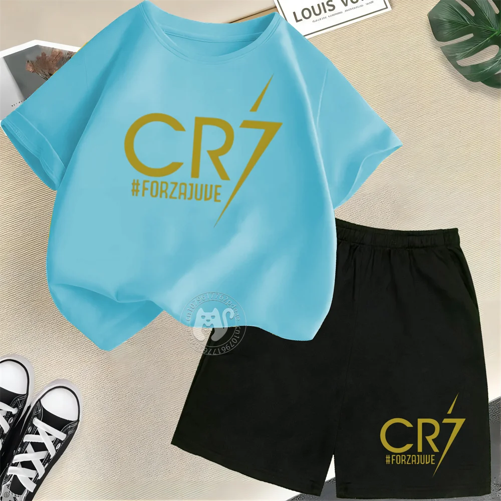 Kinder 100% Baumwolle Set Drachen Ventus Cristiano Ronaldo Print Kurzarm T-Shirt Shorts Jungen