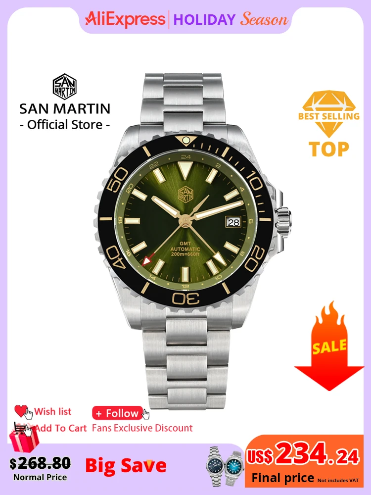 San Martin 39mm Diver GMT Orologio quadrante smaltato NH34 Orologio da uomo di lusso in acciaio inossidabile Meccanico automatico Zaffiro luminoso SN0136