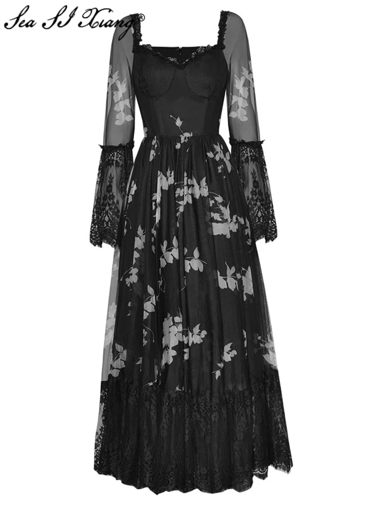 

Seasixiang Designer Summer Mesh Long Dress Women's Square Collar Flare Sleeve Flower Print Lace Patchwork Vintage Backless Dress