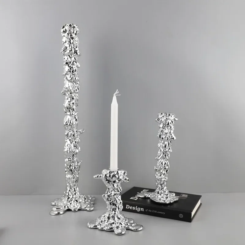 Modern Minimalist Electroplated Silver Resin Candle Holder, Centerpiece of Living Room Dining Table, Home Decoration Ornament