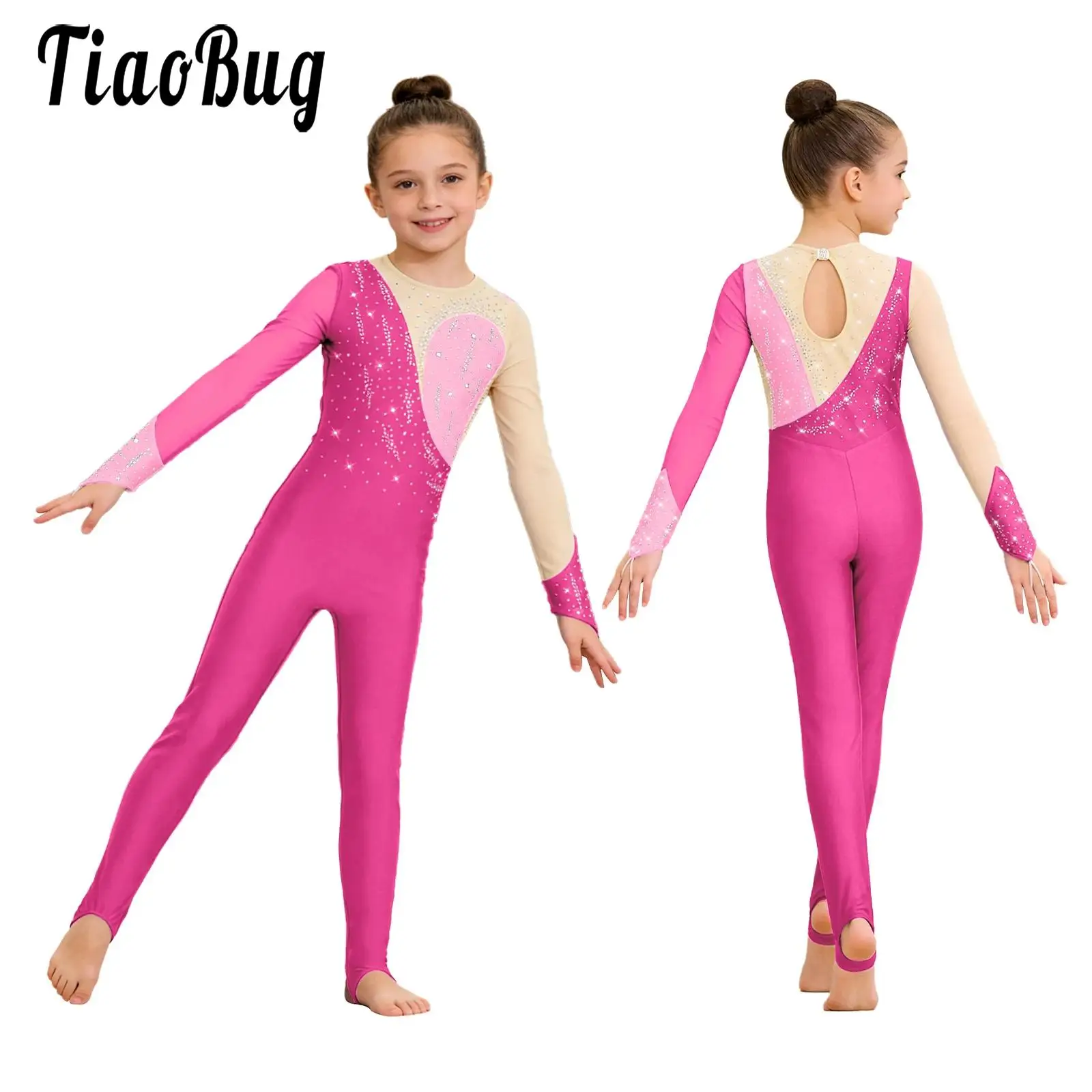 Kids Girls Gymnastics Dance Artistic Skating Jumpsuit Costume Sheer Mesh Long Sleeve Rhinestones Stirrup Rompers Ballet Jersey