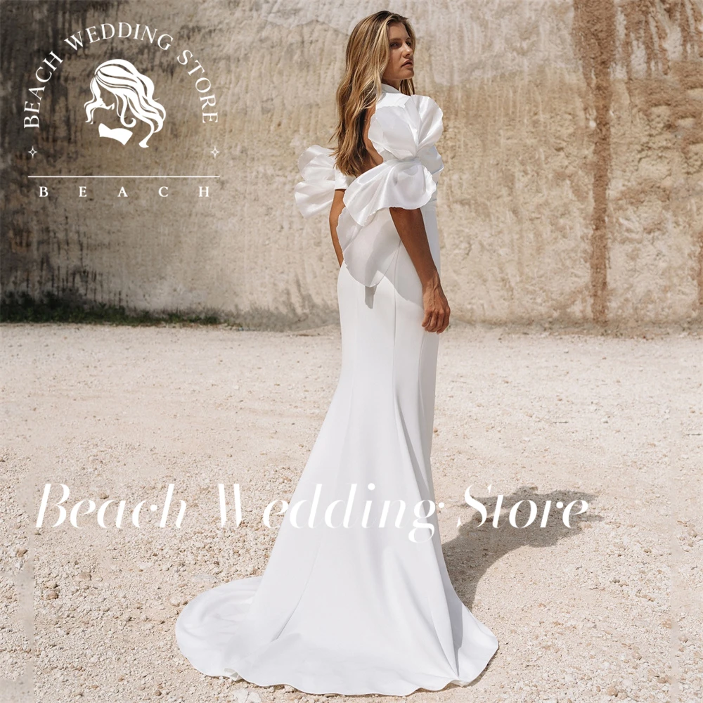 

Beach Customized High Neck Organza Sleeve Backless Mermaid Wedding Dresses for Women Ruffle Detail Satin Elegant Bridal Gowns